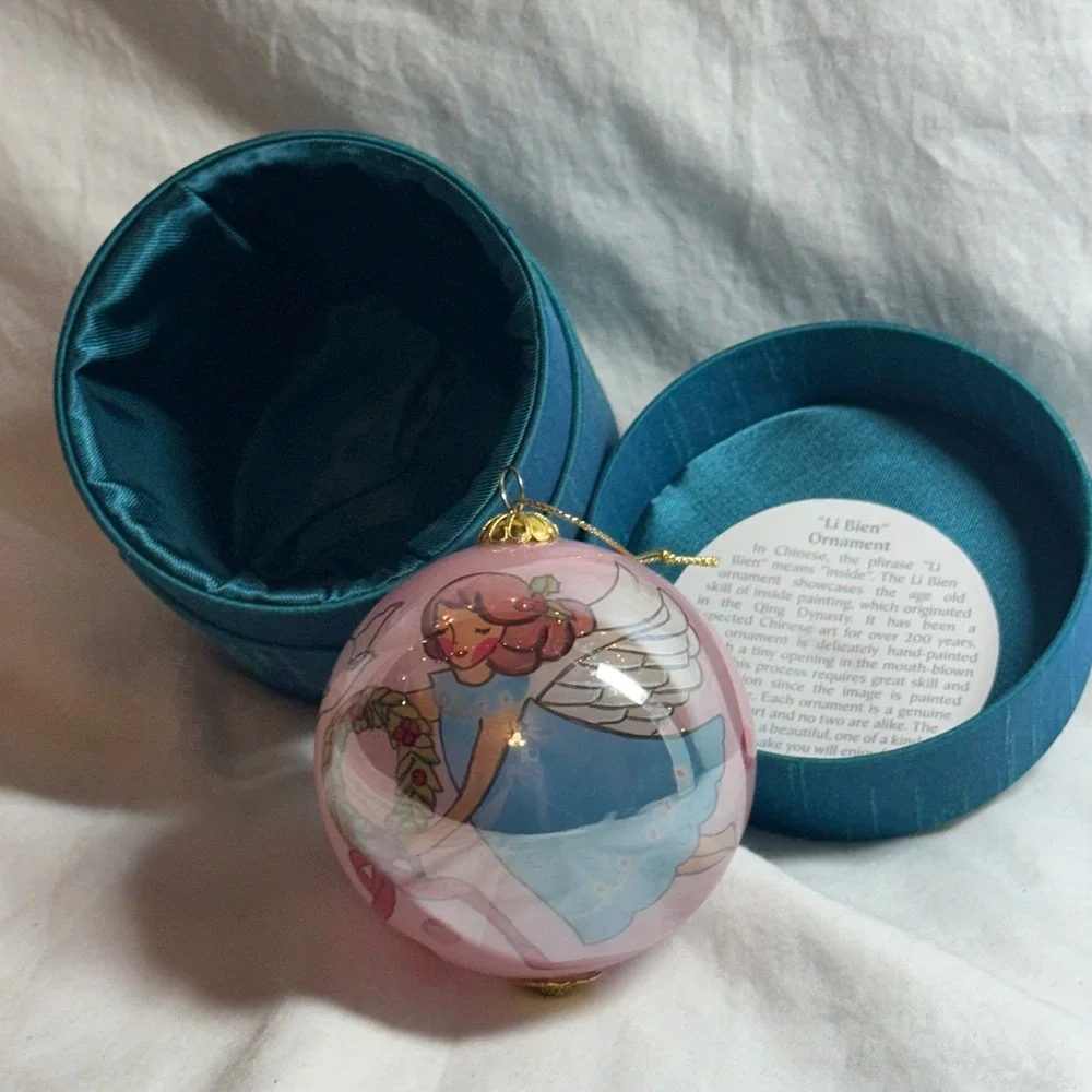 Li Bien Christmas Ornament Pink Angel Hand Painted Glass Excellent With Box